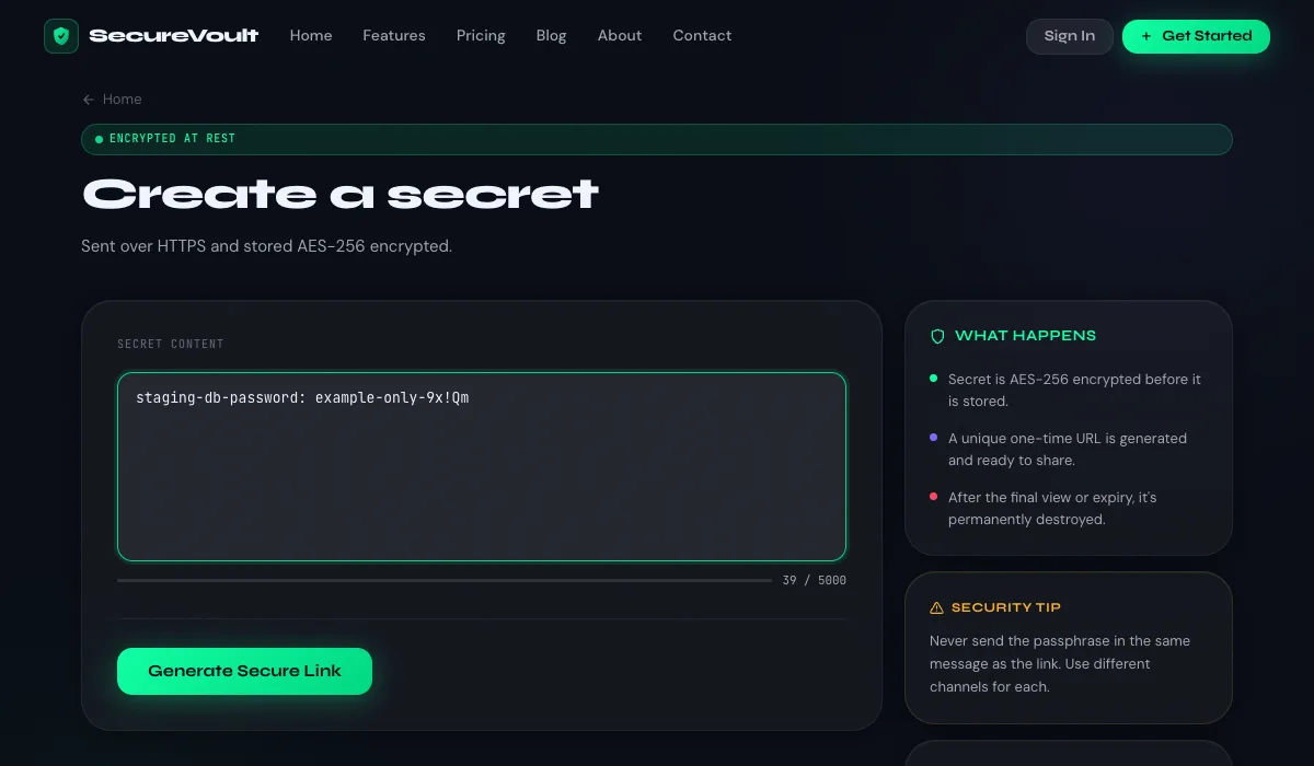 The SecureVoult create-secret form with view limit, expiry and passphrase options